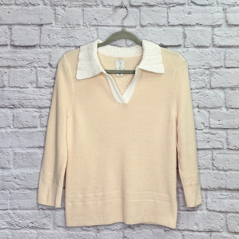 Joie Womens Knit V-Neck Sweater Size M Pullover 3/4 Sleeve White Collar Beige